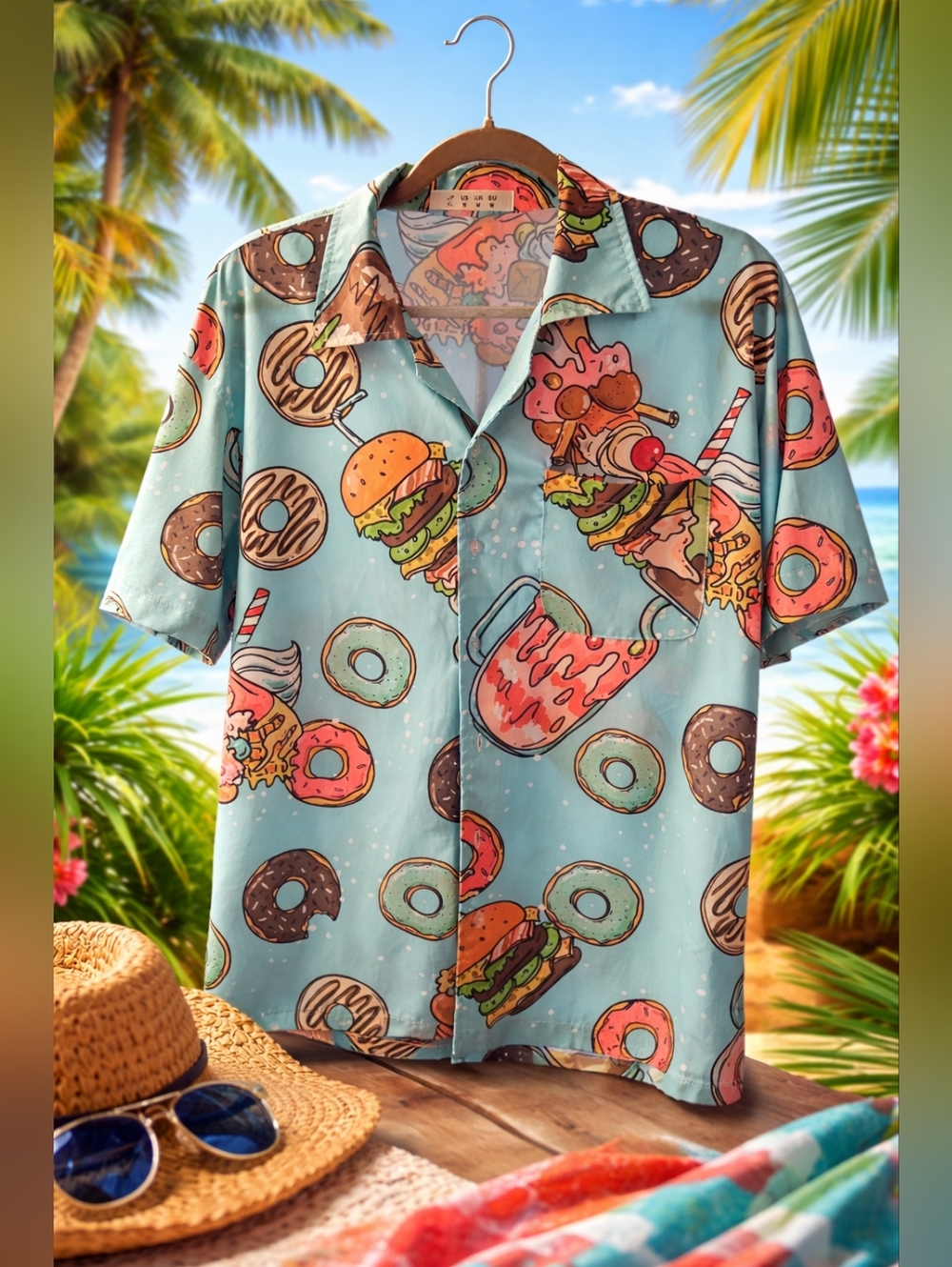 Funny Food Hawaiian Shirt Pop Art Burger Donut Button Down Medium